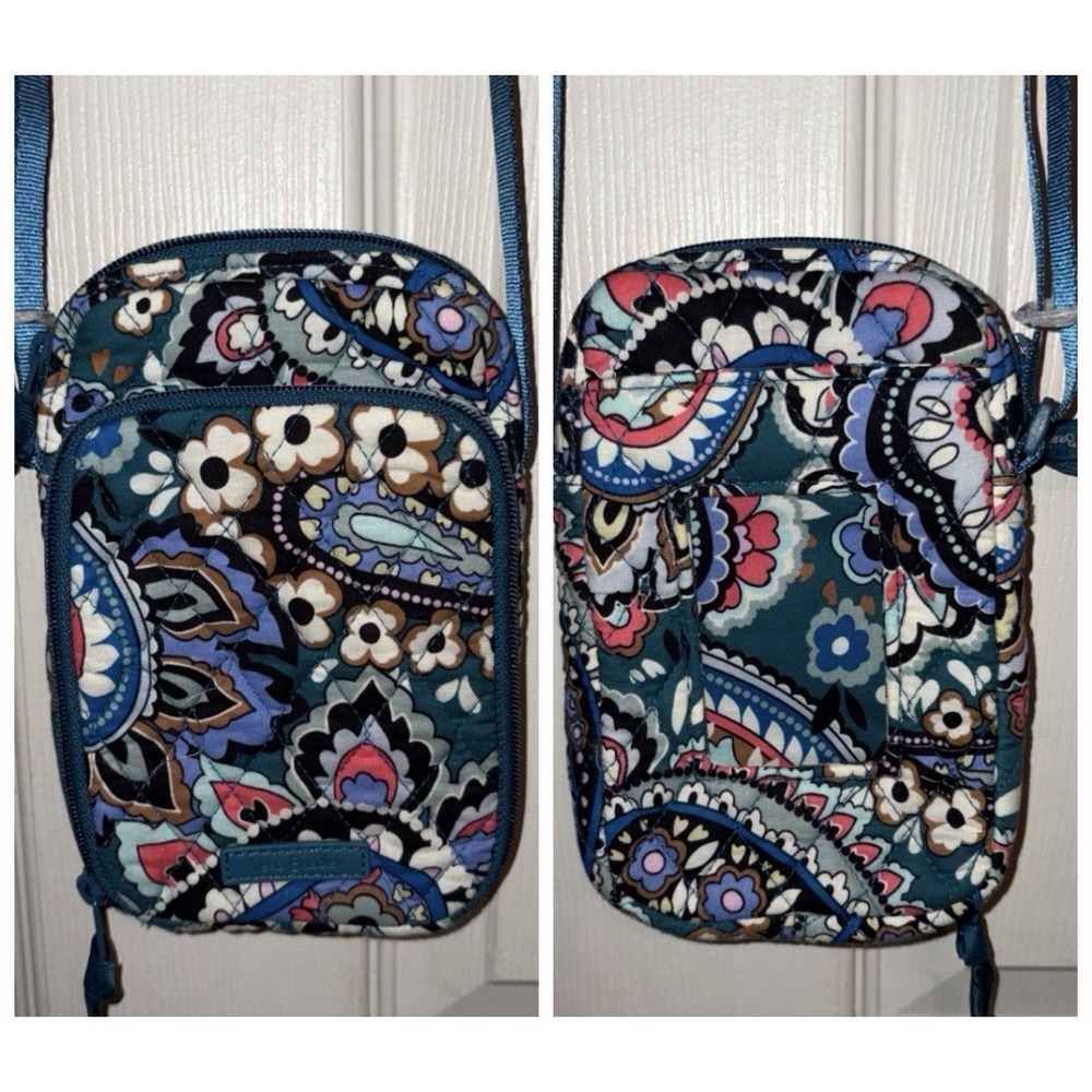 Vera Bradley Quilted Sm Crossbody RFID Phone Bag ID Window Blue Paisley Jewel